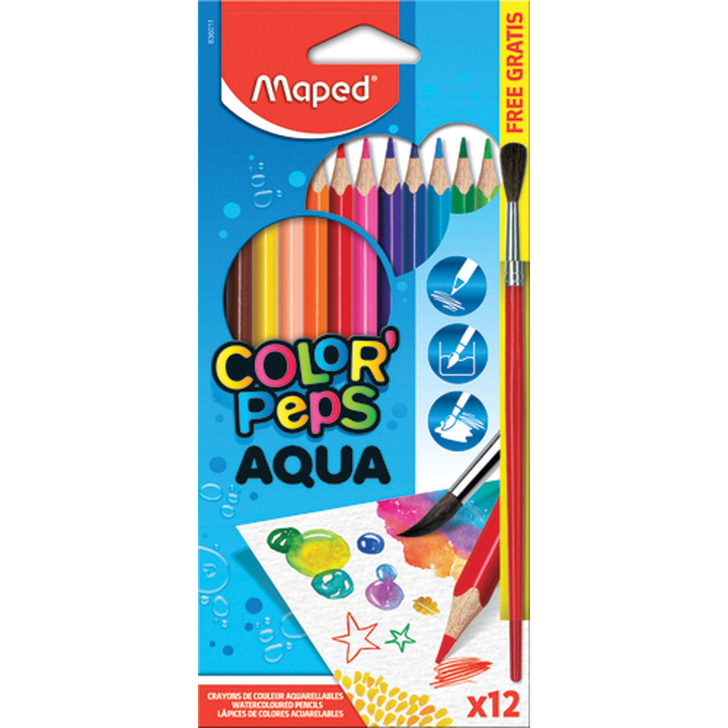 Карандаши цветные акварельные MAPED (Франция) "Color'Peps", 12 цветов + кисть, 2,9 мм, европодвес, 836011