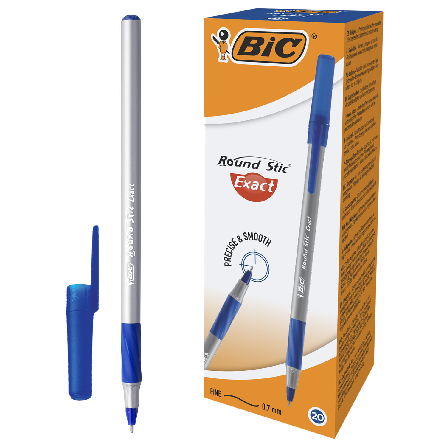 Ручка шариковая с грипом BIC "Round Stic Exact", СИНЯЯ, корпус серый, узел 0,7 мм, линия письма 0,28 мм