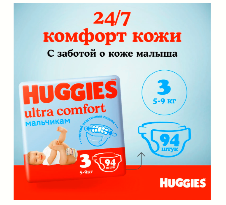 Подгузники для мальчиков Huggies Ultra Comfort 3 5-9кг 94шт