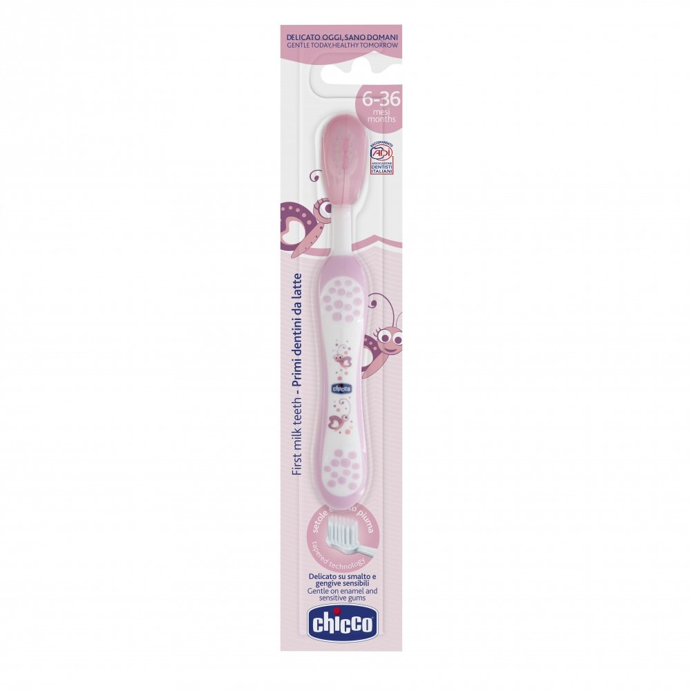 Зубная щетка CHICCO детская от 6 месяцев до 3 лет мягкая с эргономичной ручкой розовая