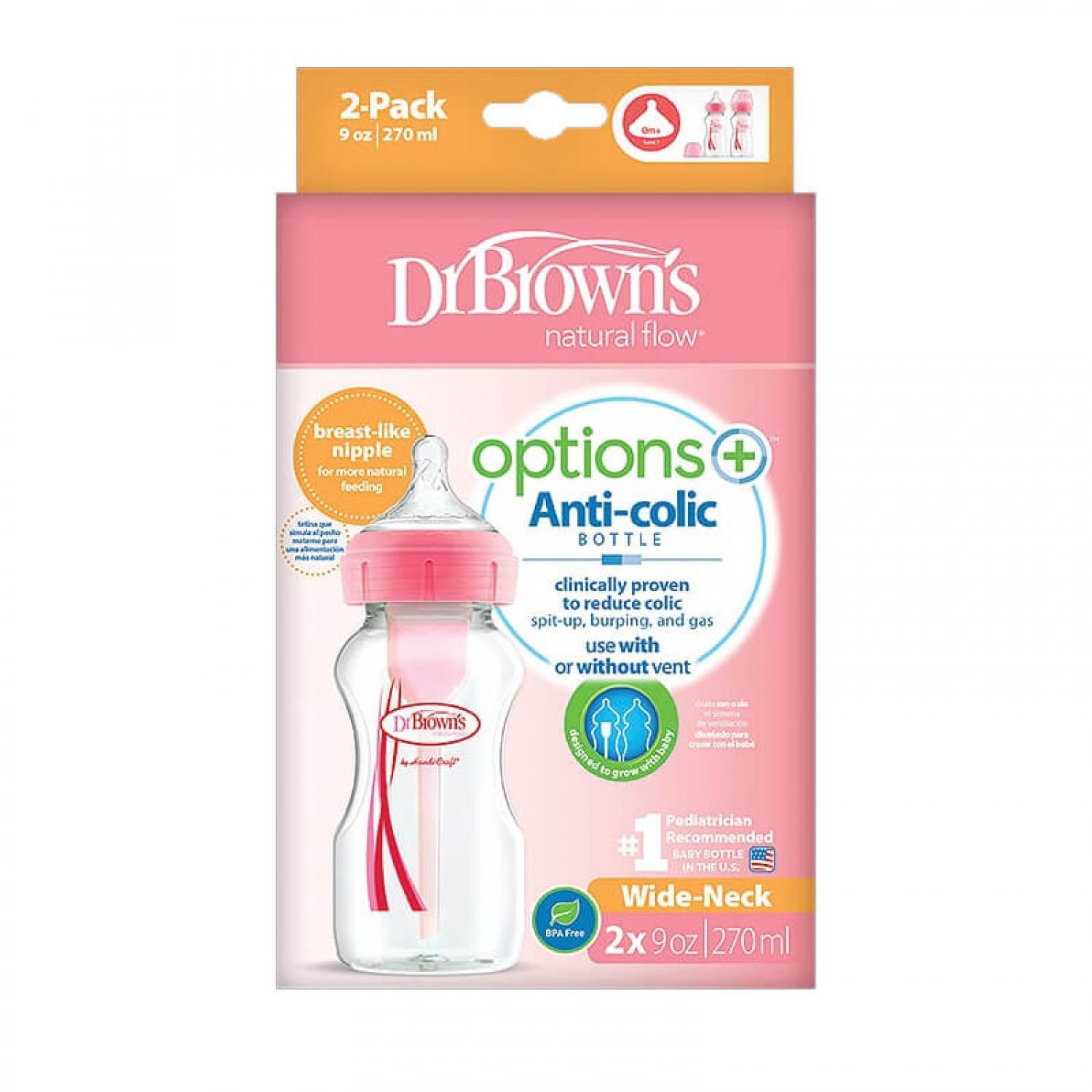 Набор бутылочек Dr Brown's Options+ антиколиковые широкое горлышко 270мл 2шт Розовый